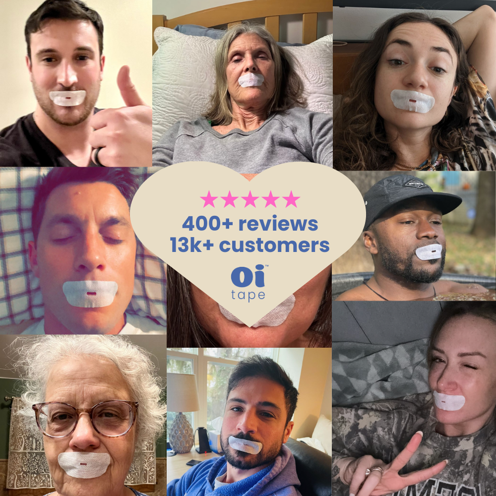 a collage of images of customers wearing oi tape vented mouth tape and a heart shape text box stating 400 plus reviews and over 13,000 customers in the oi tape community