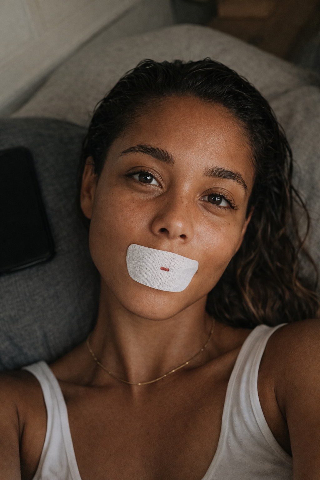 woman in bed wearing oi tape vented mouth tape